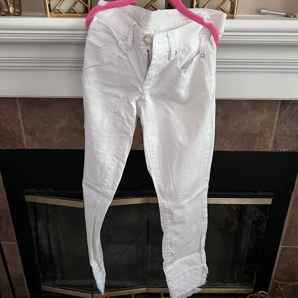 Size 00 Lilly Pulitzer South Ocean Skinny White Jeans with Crochet Detail